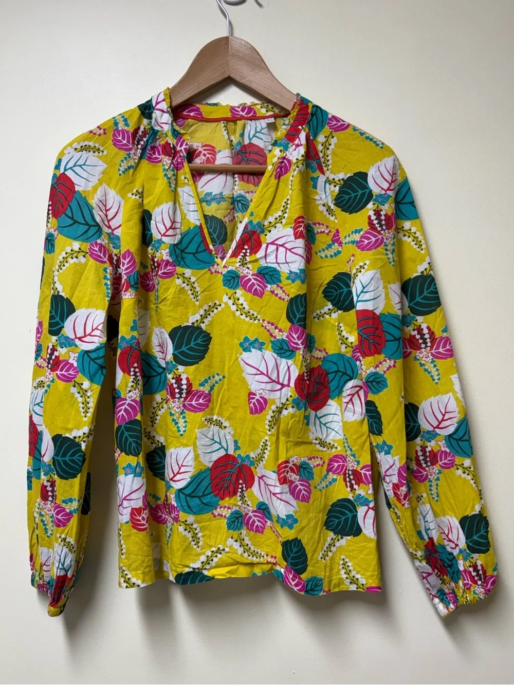 BODEN Heather Yellow Floral Leaf Ruffle V Neck Puff Sleeve Cotton Top - Size 6